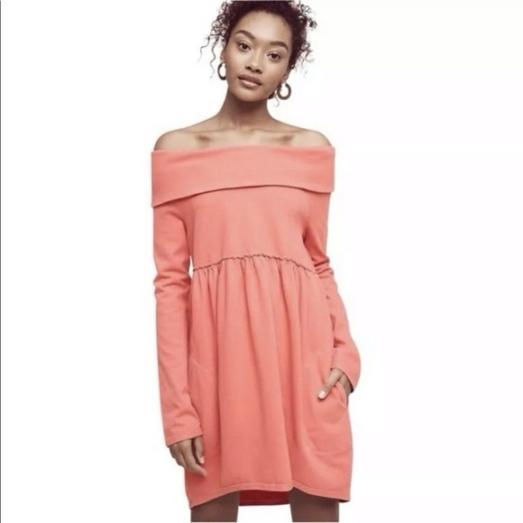 Anthropologie Off the shoulder dress with pockets  size Large 100% Cotton coral - Picture 2 of 7